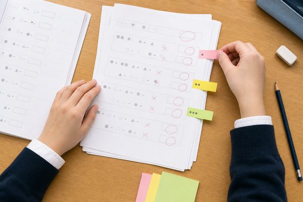 返ってきた答案の失点を、色分けした付箋で三種類に仕分けしている中学生の手元