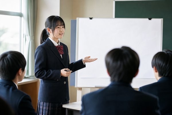 中学生が教室の前で発表している様子。テスト以外も評価材料になることを表している