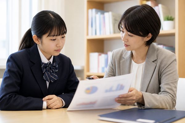 制服姿の中学生が学校で先生と一緒に成績のデータ資料を見ながら説明を受けている様子