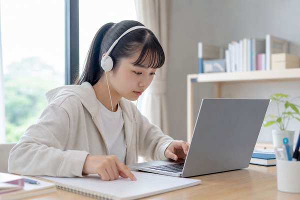 自宅でヘッドホンを付け、パソコンでリスニング音声とスクリプトを確認する女子高校生