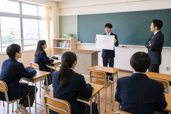 明るい中学校の教室で、制服の男子生徒が白い模造紙を掲げて発表し、スーツ姿の教師と着席したクラスメイトが見守っている様子