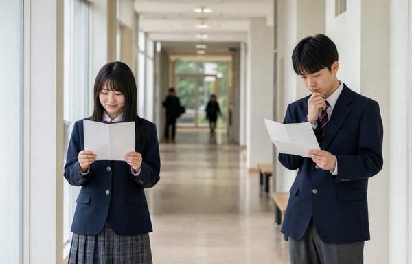 明るい校舎の廊下で、2人の高校生がそれぞれの成績表を別々の表情で読んでいる様子