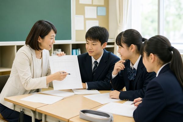明るい教室で女性教師が制服の生徒三人に答案の見方を説明する様子