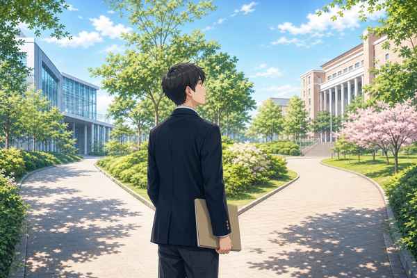 出願か志望校変更かの分かれ道に立つ受験生を表したイラスト