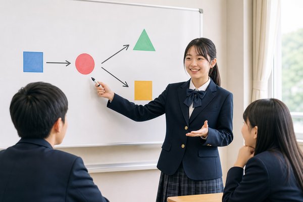 明るい教室のホワイトボード前で、図形と矢印を指しながら考えを説明する制服姿の中学生