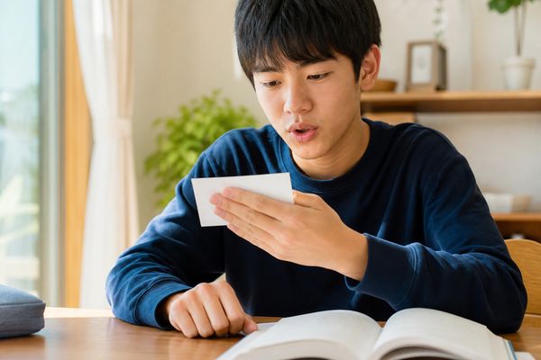 自宅のダイニングで単語カードの答えを隠し、声に出して答える高校生