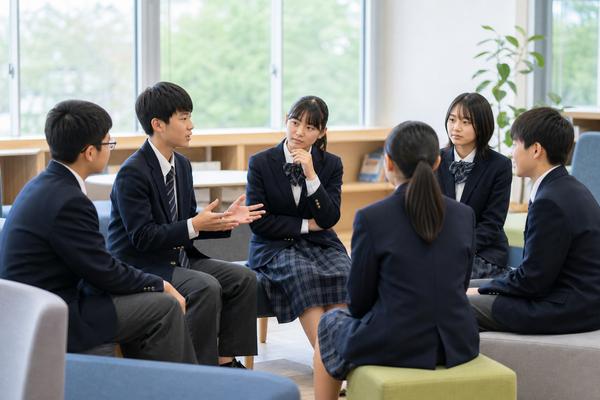 明るい校内の学習スペースで輪になり、話す人の意見に耳を傾ける制服の中学生たち