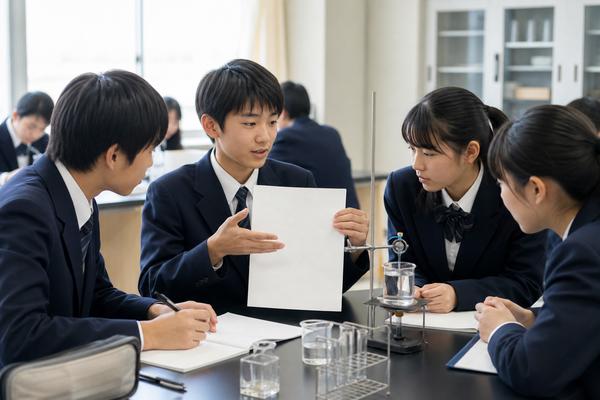 明るい理科室で、制服姿の中学生が班の仲間へ実験結果を説明し、ほかの生徒がノートを取りながら聞いている様子
