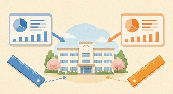 同じ高校に青とオレンジの2種類のデータと物差しが向けられ、情報サイトによって偏差値の数字が変わることを表したイラスト