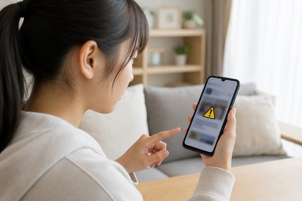 自宅で高校生がスマートフォンの怪しい投稿に警告マークを見つけ、タップする手を止めている様子