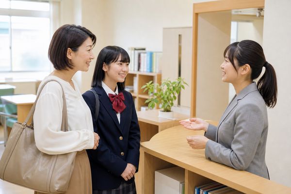 保護者と制服の中学生が受験会場の受付スタッフに過去問題対策について相談している様子