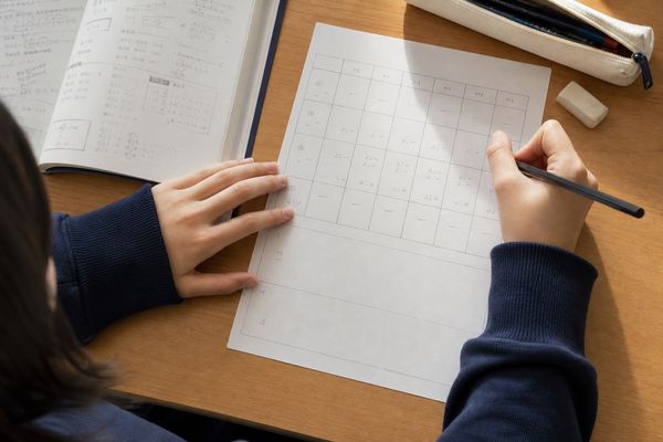 問題集を開きながら1週間分の勉強計画を紙の表に書き込んでいる高校生の手元