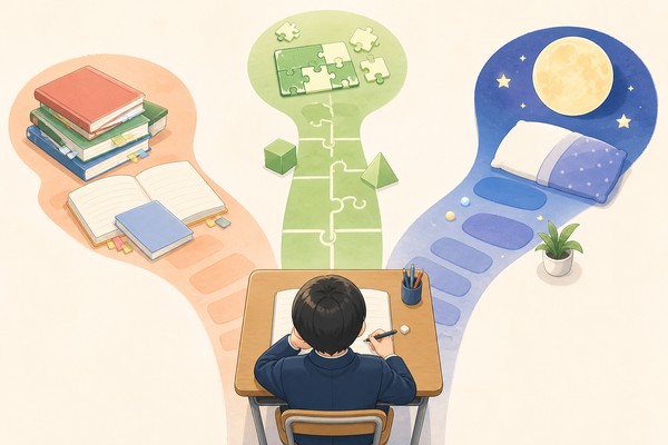 机に向かう生徒から3方向に道が分かれる図解。左は積み重なった参考書とノートで勉強量、中央はピースが欠けたパズルの道で勉強のやり方、右は月と枕で前の単元の土台や生活面を表している