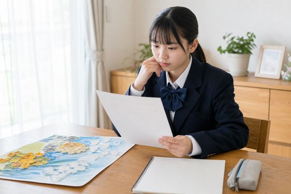 明るいダイニングで制服の中学生が答案を見つめ、机には美術の作品と書きかけのレポートが置かれている様子