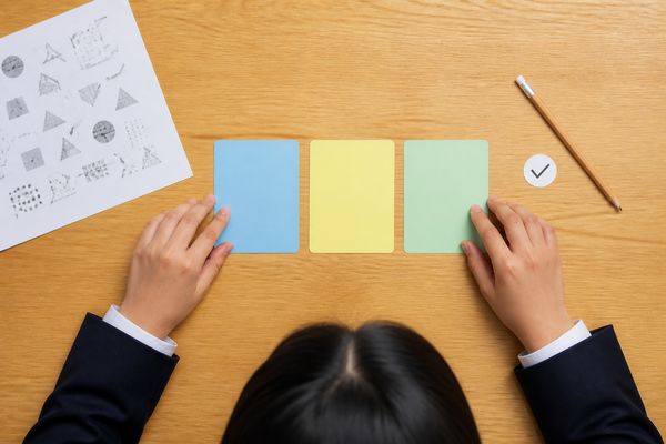机の上に3色のカードを並べ、できたこと・伸びたこと・次に直すことを分けて整理する生徒の手元