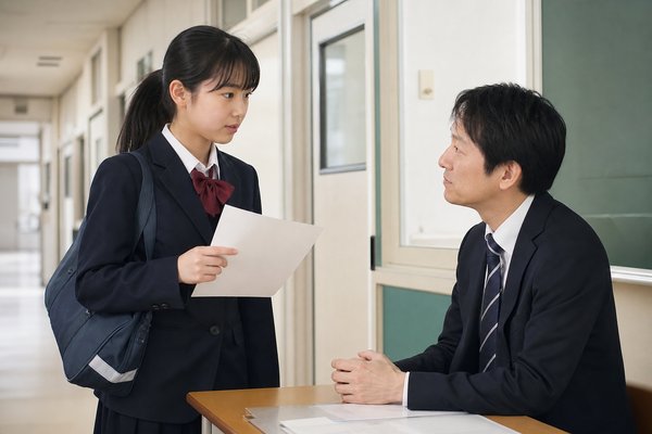 廊下で中学生が答案を手に持ち、教科担当の先生へ実力テストの扱いを直接たずねている場面