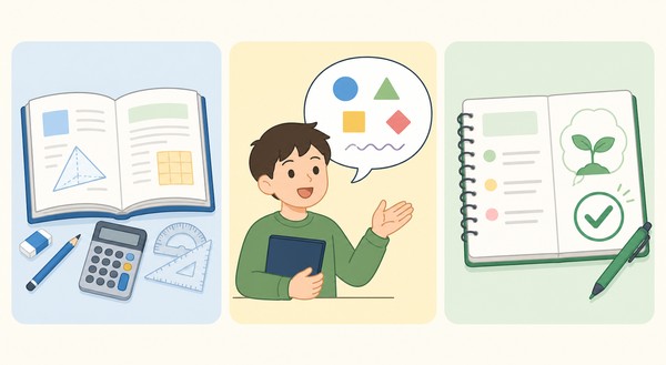 知識・技能、思考・判断・表現、主体的に学習に取り組む態度の3観点を、教科書と道具・発表する生徒・振り返りノートの3枚で表した図解