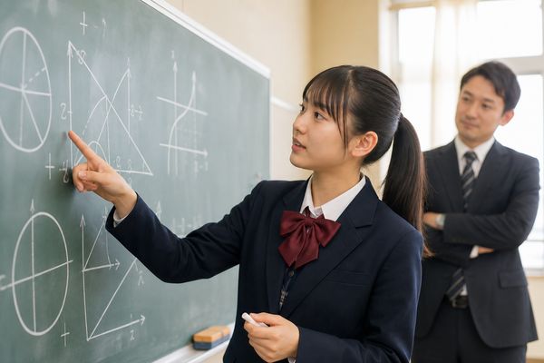 制服姿の女子中学生が黒板の図を指しながら数学の考え方を説明し、教科担当の先生がうなずいて聞いている様子