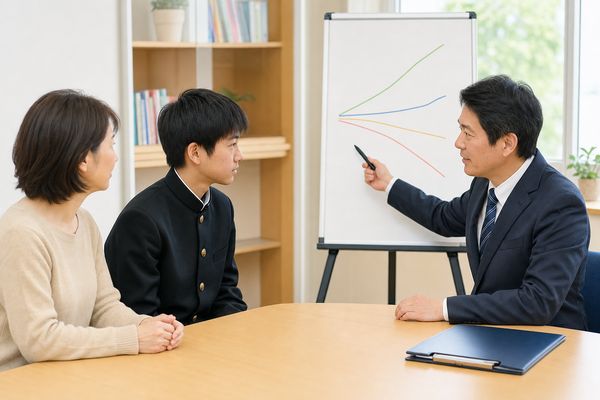 三者面談で先生がグラフを示しながら、中学生と保護者へ調査書の扱いを説明する様子