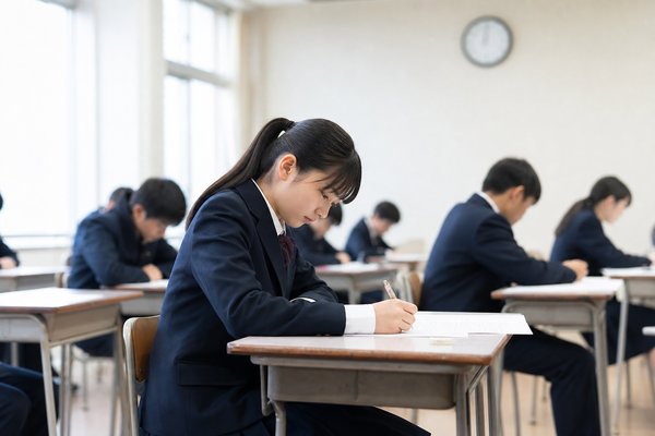 明るい教室で本番どおりに模擬試験へ取り組む制服姿の女子中学生