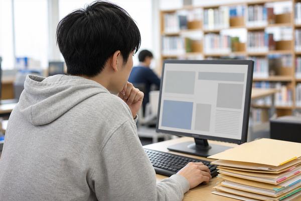 図書館のパソコンで年度と科目を指定して解説サイトを探す男子高校生