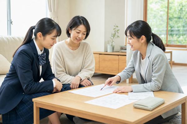 自宅のリビングで、制服姿の高校生と保護者が模試の答案を前に進路担当者の説明を聞いている様子