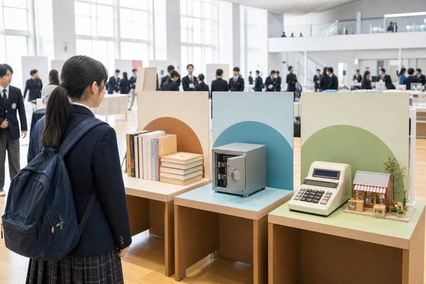 進路イベントの明るいホールで、制服の中学生が普通科・工業・商業を示す3つの体験ブースを見比べている様子