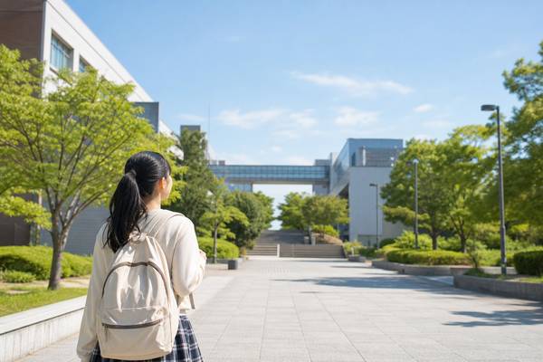 大学のキャンパスへ歩きながら進路の選択肢を考える高校生