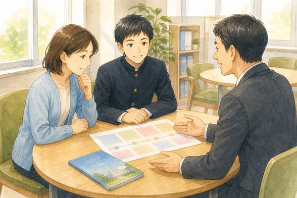 三者面談で先生が資料を示しながら、中学生と保護者へ入試での評定の扱いを説明しているイラスト