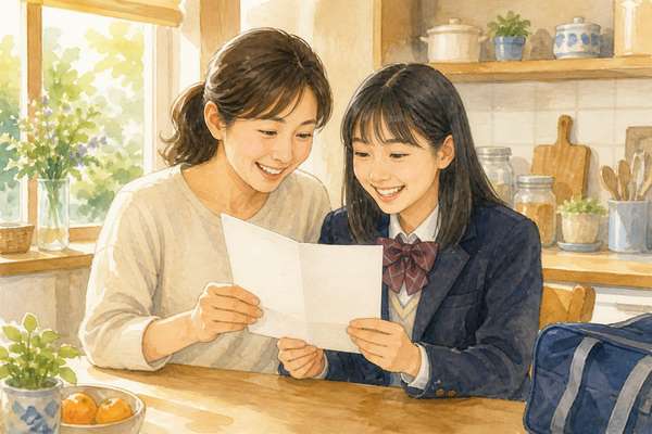 明るいキッチンで母と制服の娘が通知表を一緒に見て笑い合う水彩イラスト