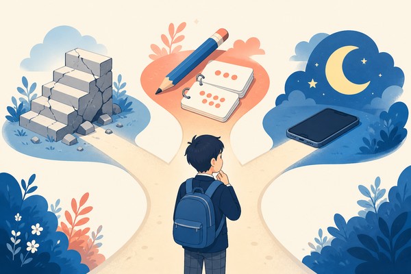 基礎の穴・勉強のやり方・勉強を続けられる状態という三方向の原因を分かれ道で表した図解