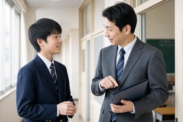中学生が学校の廊下で教科担当の先生に評価のよかった点をたずねている様子