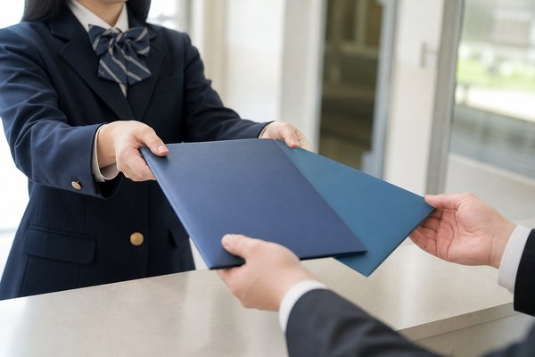 制服姿の高校生が学校の窓口で出願書類の入った封筒を手渡している手元