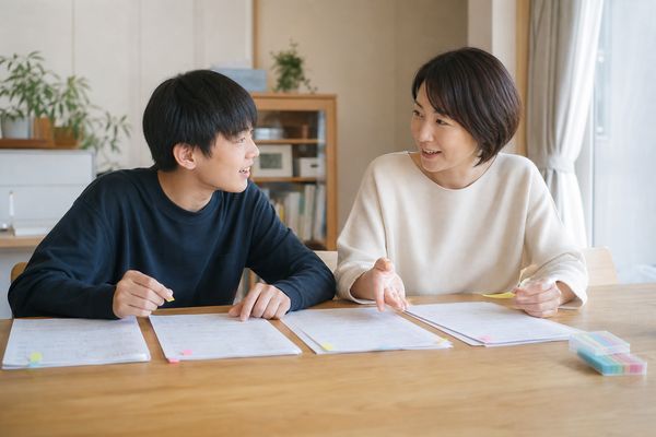 中学生と保護者がダイニングテーブルに5教科の答案を広げ、付箋を貼りながら次の目標を話し合っている様子