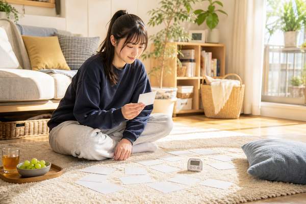 自宅の床でカードとタイマーを使い時間を測って復習する学生