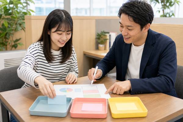 色分けした3枚のメモカードを3つのトレーへ仕分けながら資料を確認する生徒と先生