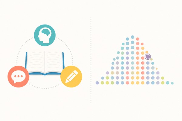 左に学習の3観点を示すアイコンと開いたノート、右に受験者の分布を表す点の集まりと自分の位置を示す1点を並べた、評定と偏差値の比較図