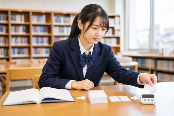 基礎の参考書から問題カード、タイマーへと順番に進む学習の流れを机の上で確認する制服の高校生