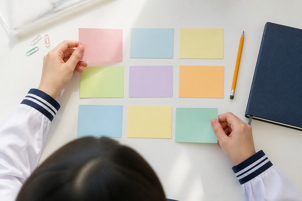 制服姿の中学生が9枚の色分けカードを机の上で並べ替えている手元