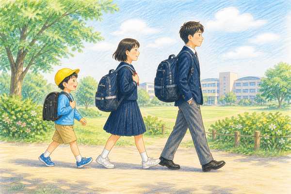 黄色い帽子の小学生、制服の中学生、制服の高校生が同じ道を並んで歩いているイラスト