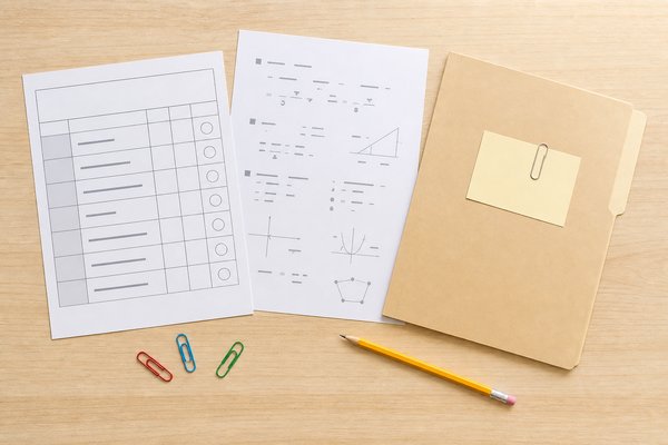 通知表、返却された答案、未提出の課題ファイルを机に並べて原因を確かめる様子