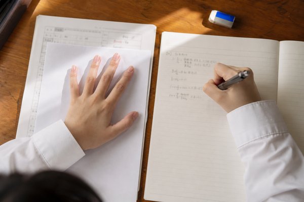 模範解答を白紙で隠し、ノートに自力で解き直す高校生の手元