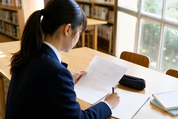 図書室で答案を見ながら次に取り返せる問題をノートに書き出す高校生