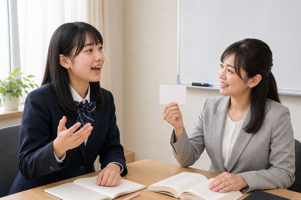 個別指導室で講師が示すカードを見て、意味を声に出して答える制服の生徒