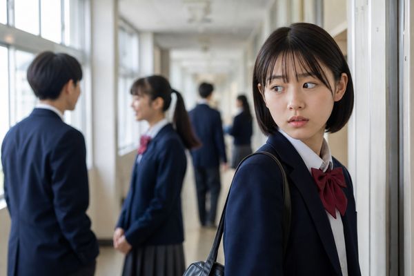中学校の明るい廊下で、成績を比べ合う同級生の話を耳にして少し不安そうな表情を浮かべる制服姿の生徒