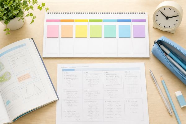 7日分に色分けした週間プランナーと教科書、学校ワークを並べたテスト前の学習計画