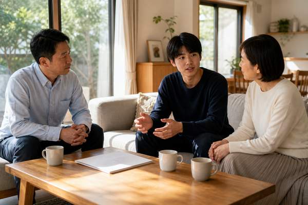 受験生が明るいリビングで両親に志望校をどうするか落ち着いて相談している様子