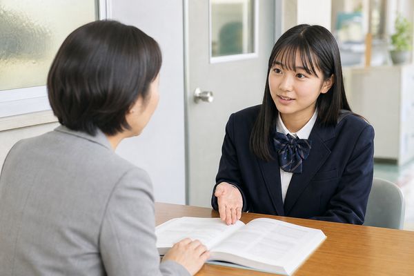 職員室前の相談スペースで、開いた冊子を指しながら単位や進級について先生に質問する制服の女子高校生