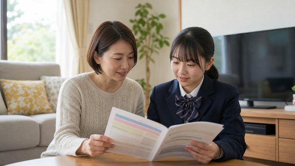 リビングで学校の評価資料の冊子を制服の娘と母親が一緒に確認する様子
