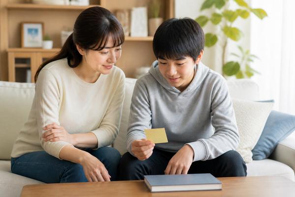 リビングのソファで母親と中学生の息子が付箋を見ながら次の一歩を相談する様子